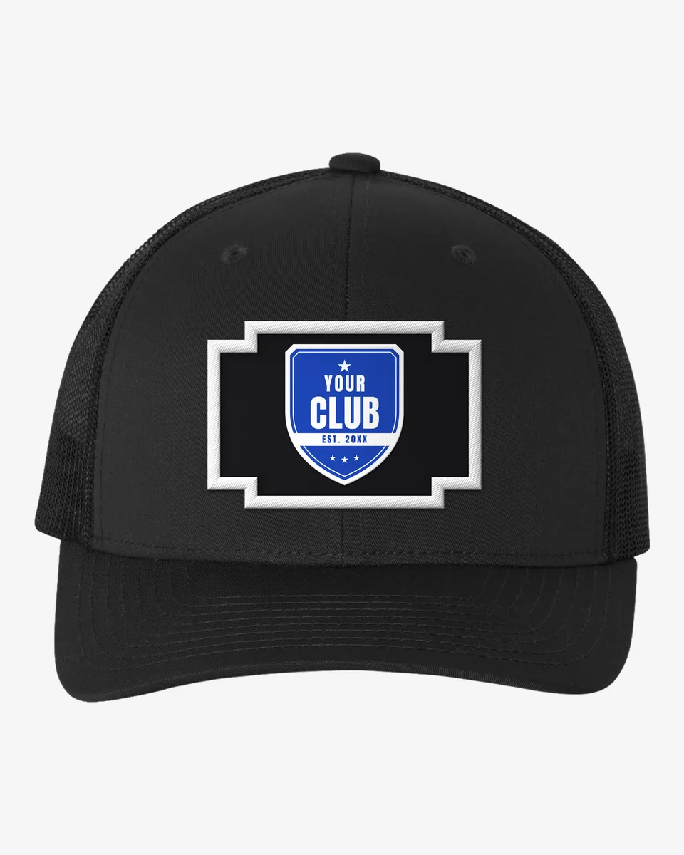 Patch Trucker hat in black with a Your Club crest patch on the front
