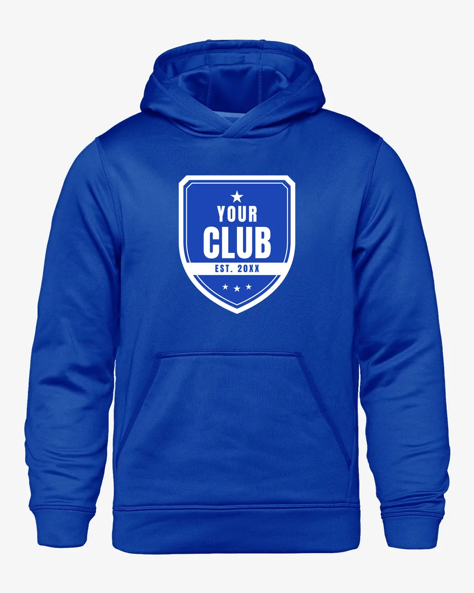 Performance Hoodie in royal with the Your Club crest printed on the chest