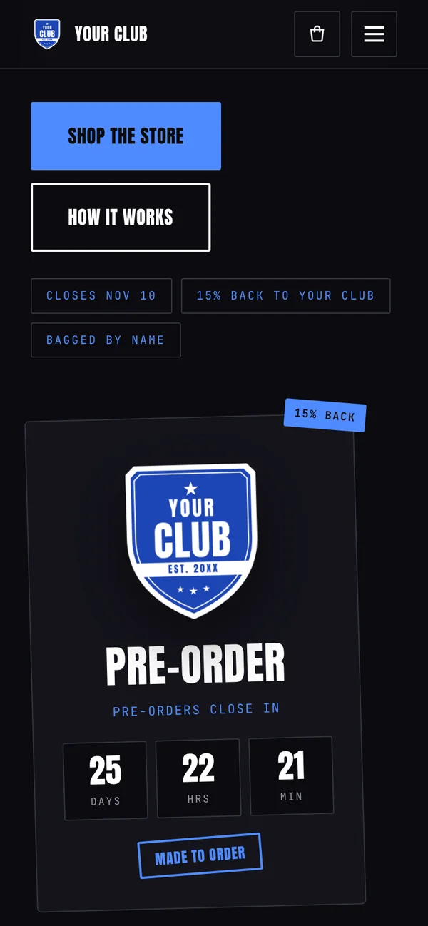 Demo team store on a phone: the Your Club crest on a pre-order card with a live countdown to the close date