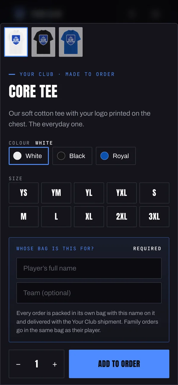 Demo product page on a phone: colour choices, sizes from youth small to 3XL, and a box for the name on the bag