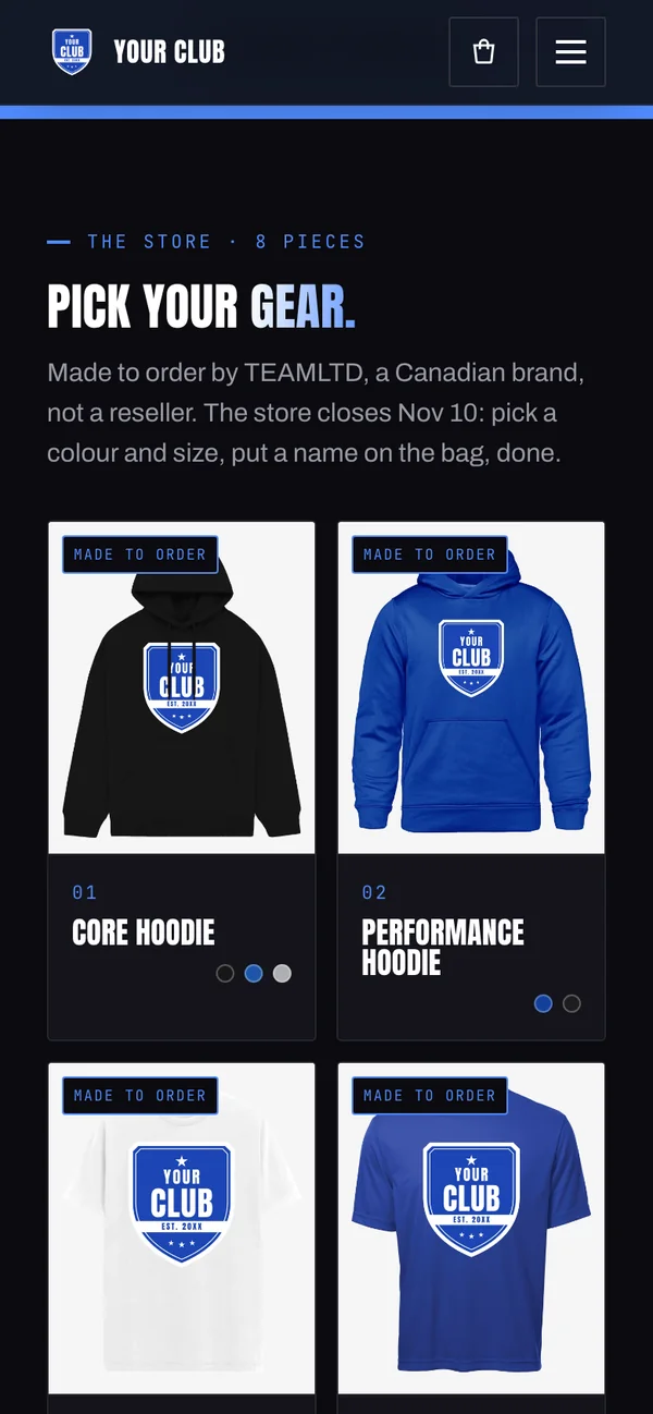 Demo store product grid on a phone: hoodies and tees with the Your Club crest, in rows of two